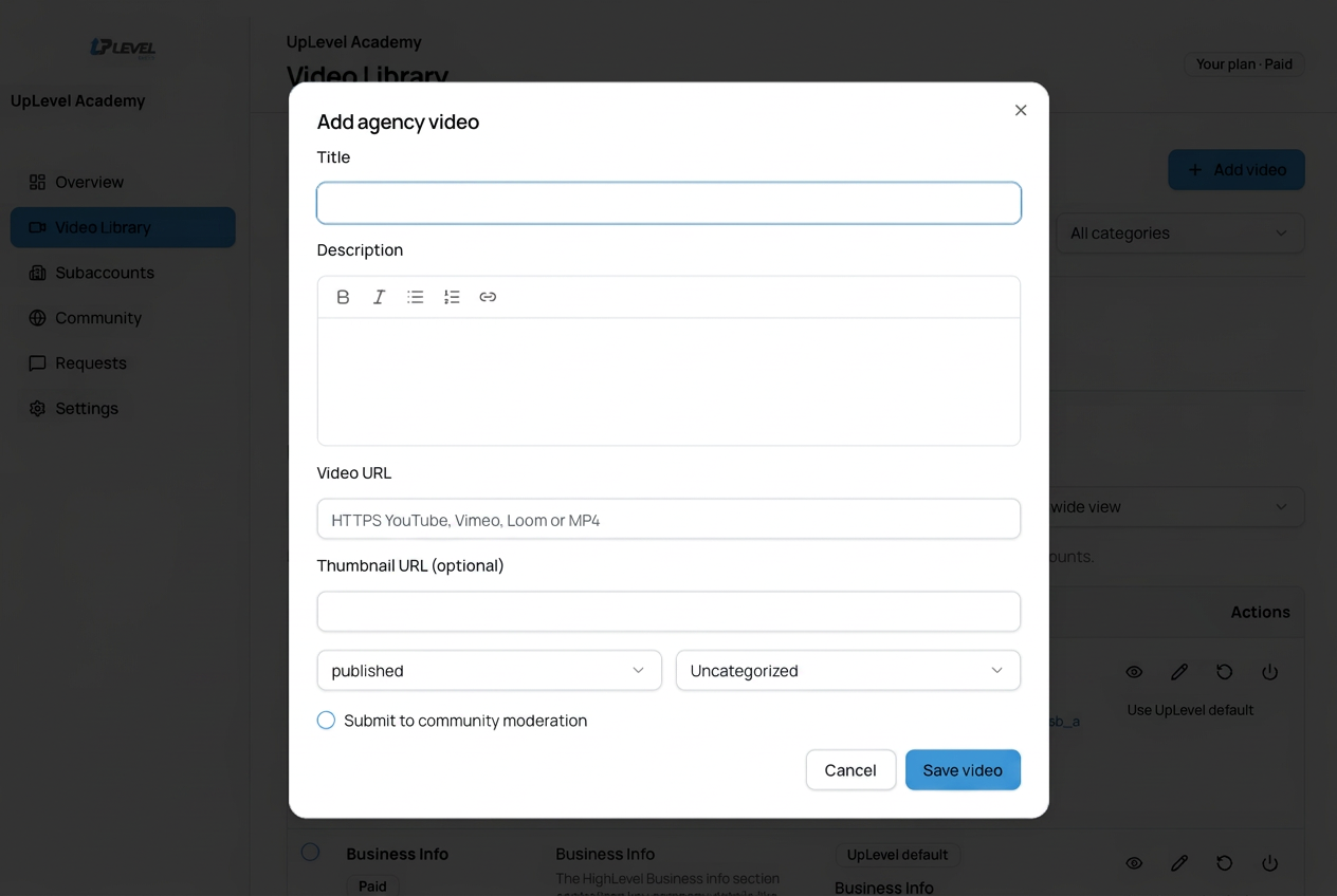 Retouched screenshot of the UpLevel add agency video form