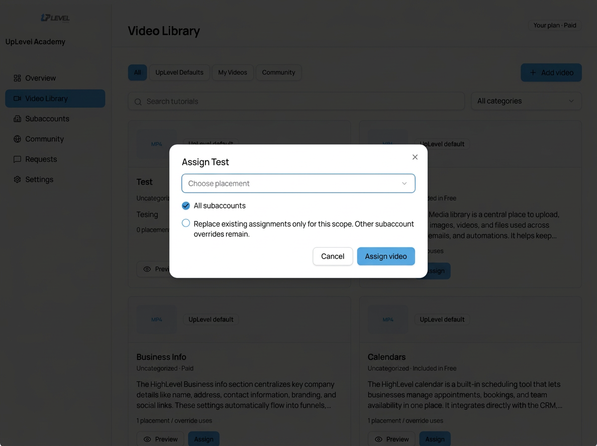 Retouched screenshot of assigning a video across subaccounts in UpLevel