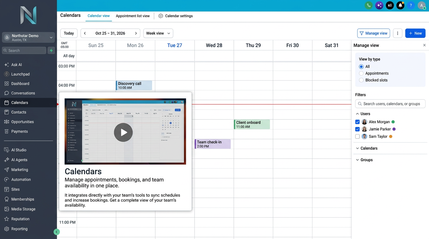 Illustrative retouched HighLevel calendar screenshot with an embedded Calendars tutorial and fictional agency, team, and appointments