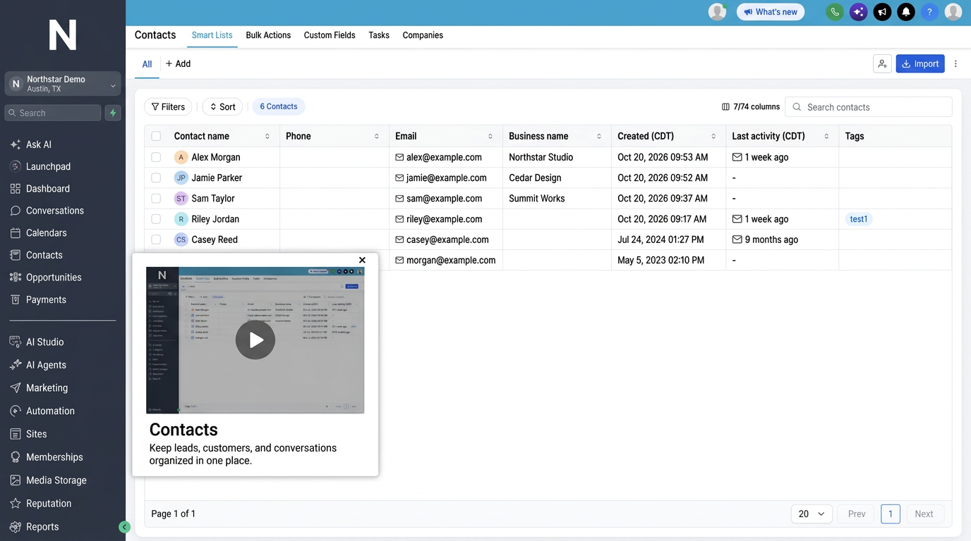 Illustrative retouched HighLevel Contacts screenshot with an embedded Contacts tutorial, fictional agency and contacts, and example.com email addresses